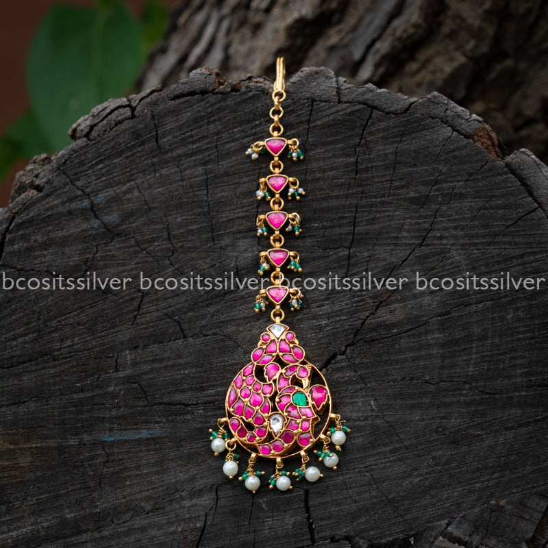 Handcrafted 925 Silver 22k Gold Plated Kundan Bridal Tikka — 48g