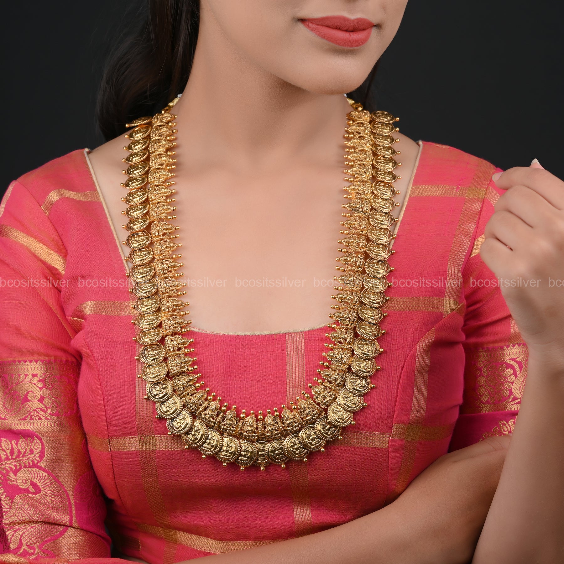 925 Silver Gold Plated Lakshmi Bridal Coin Haram - 6217