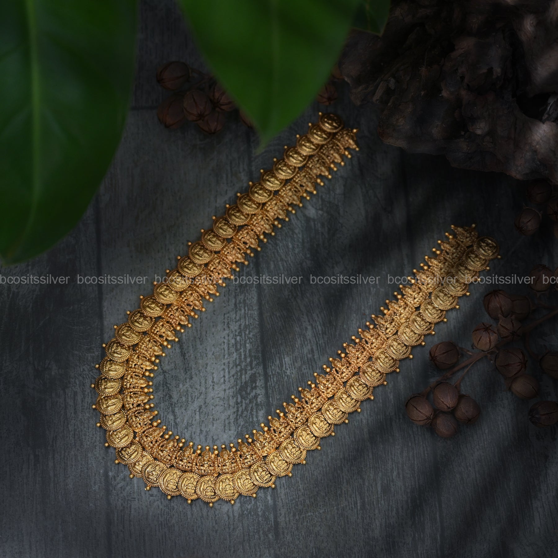 925 Silver Gold Plated Lakshmi Bridal Coin Haram - 6217