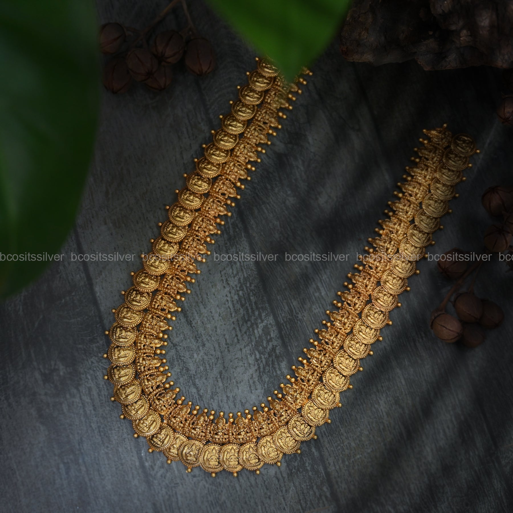 925 Silver Gold Plated Lakshmi Bridal Coin Haram - 6217