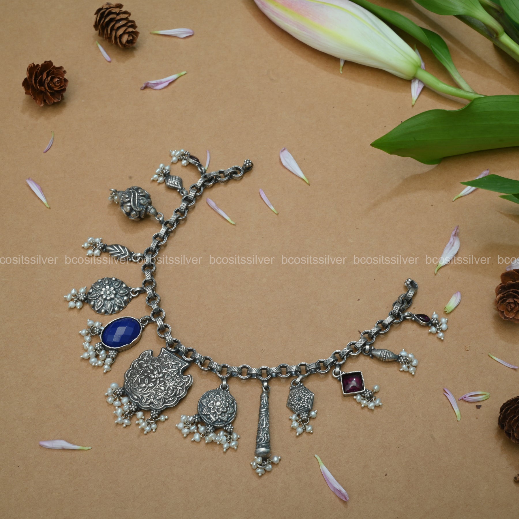 925 Silver Oxidized Multiple Designs Short Necklace - 1006