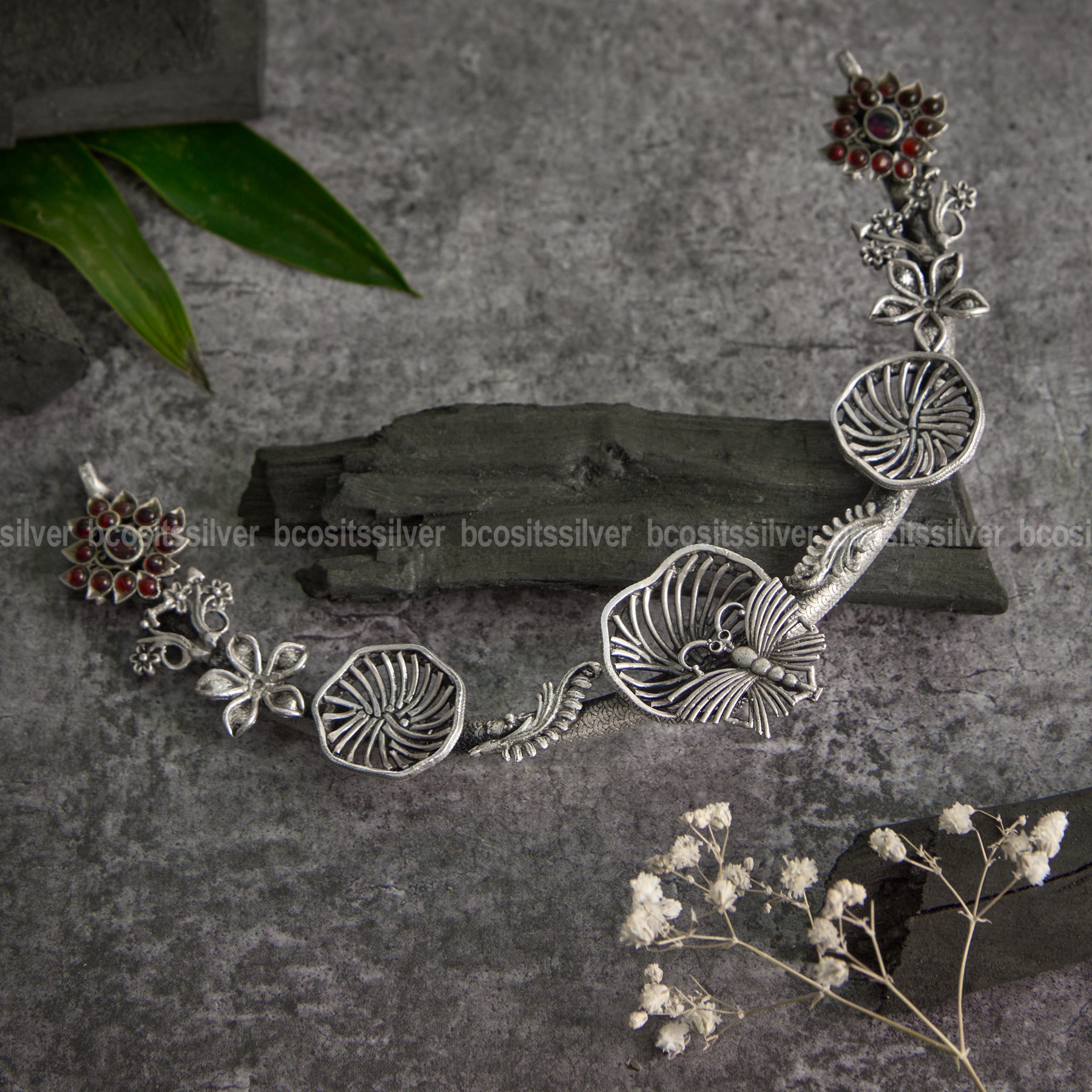925 Silver Dragonfly with Flower Oxidized Necklace - F016