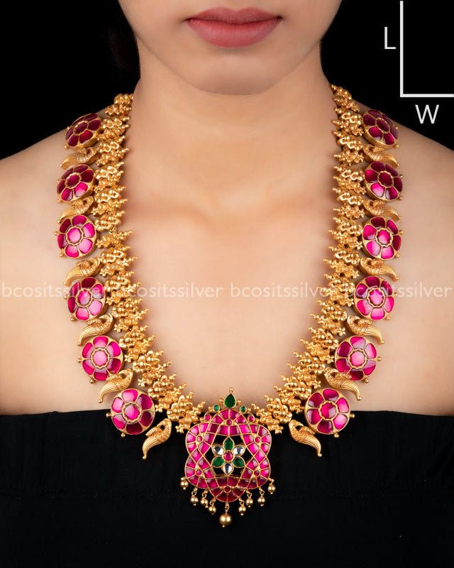 Pure 925 Silver Gold Plated Kundan Bridal Haram - 1135