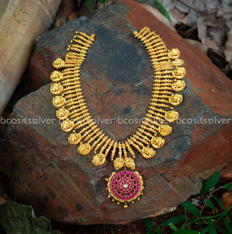 Pure 925 Silver Gold Plated Peacock Haram- 1185