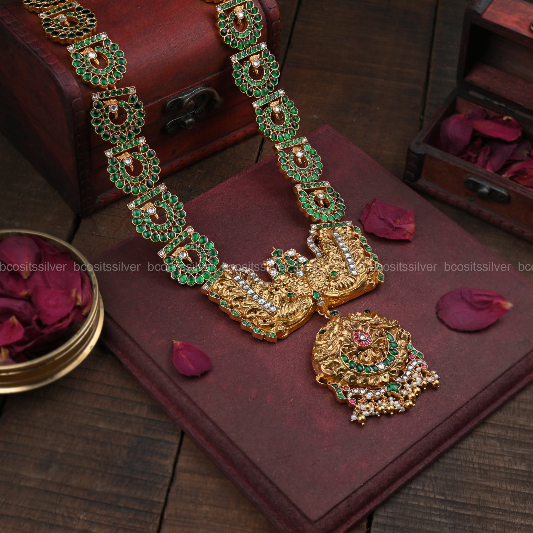 Pure 925 Silver Green kundan Haram - 5783