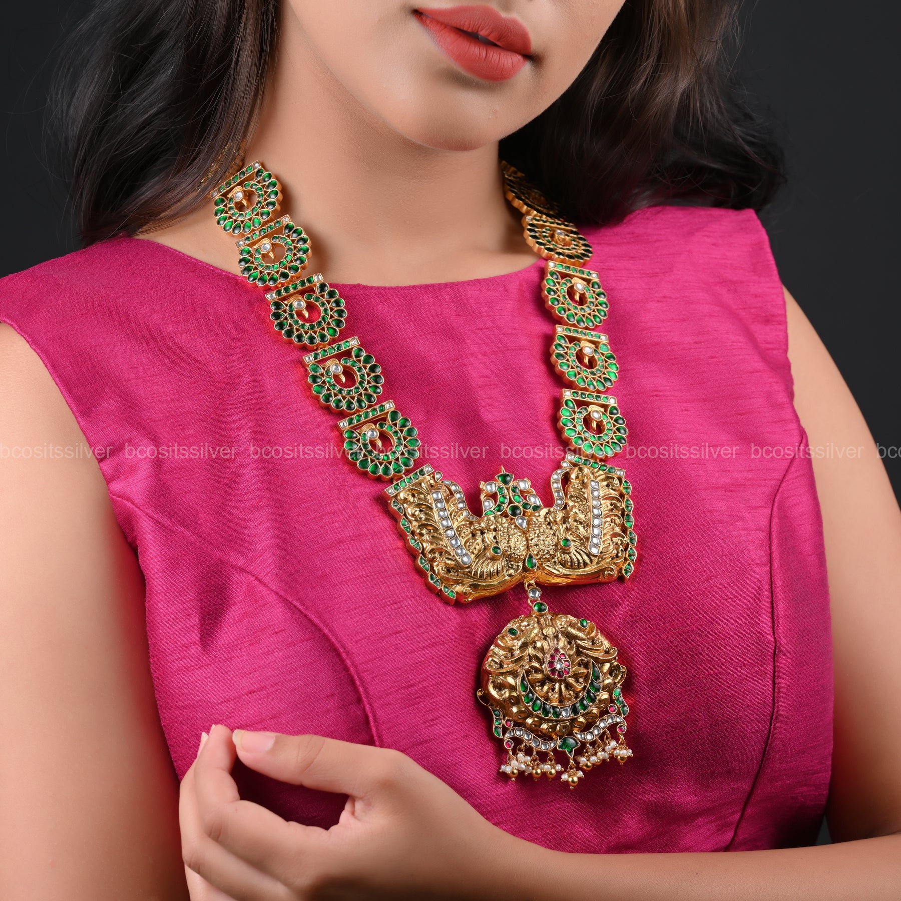 Pure 925 Silver Green kundan Haram - 5783