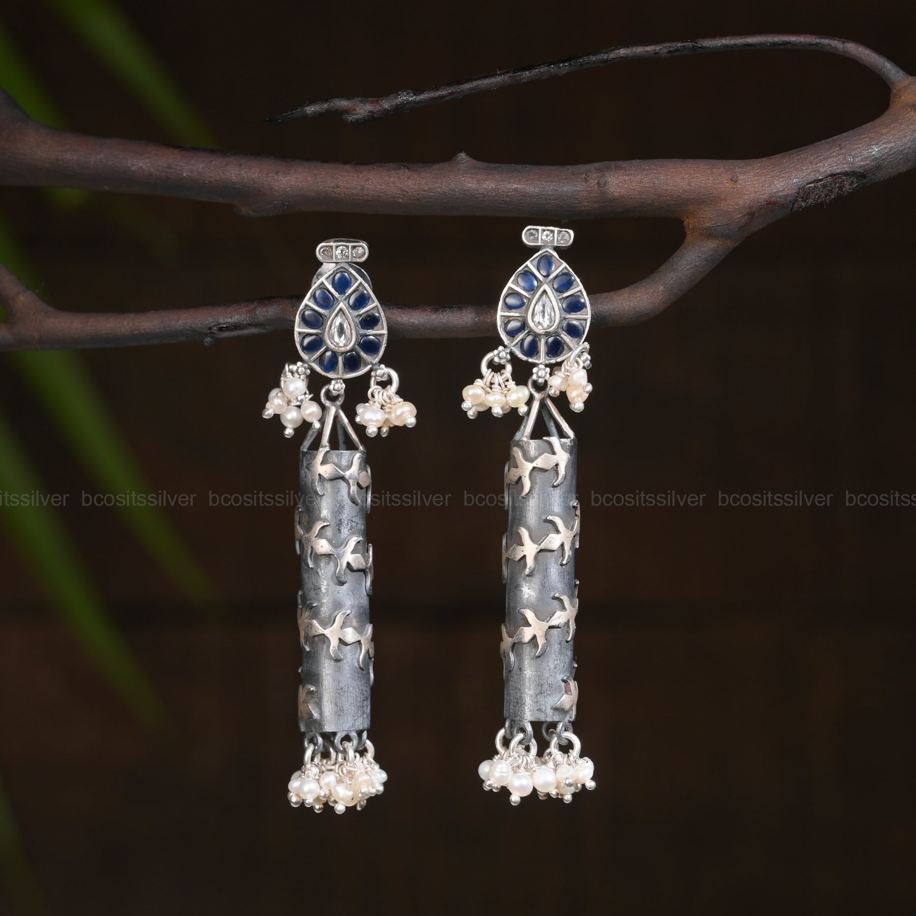 Pure 925 Silver Oxidized Cylinder Shape Earring - 1323