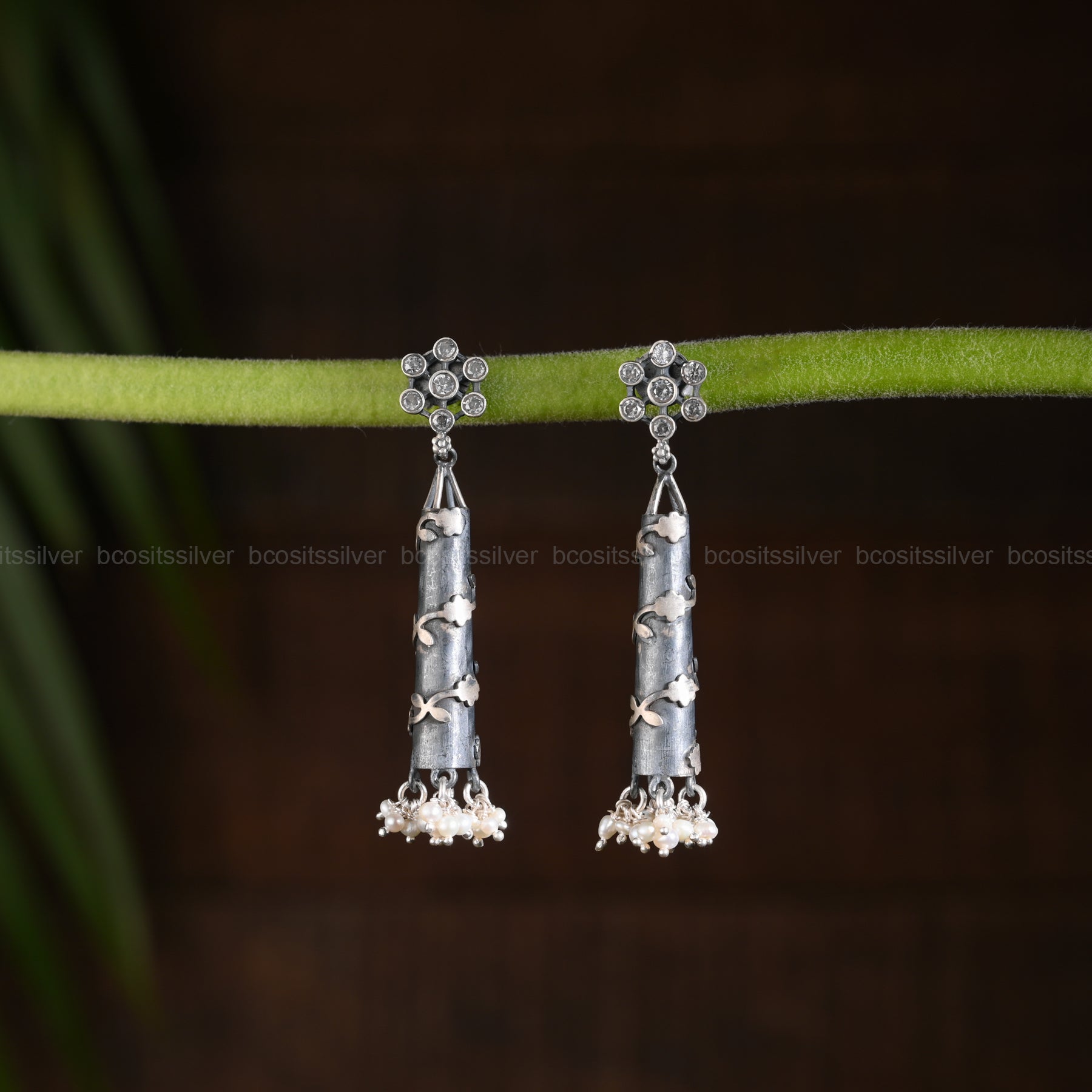 Pure 925 Silver Oxidized Cylinder Shape Earrings - 1313