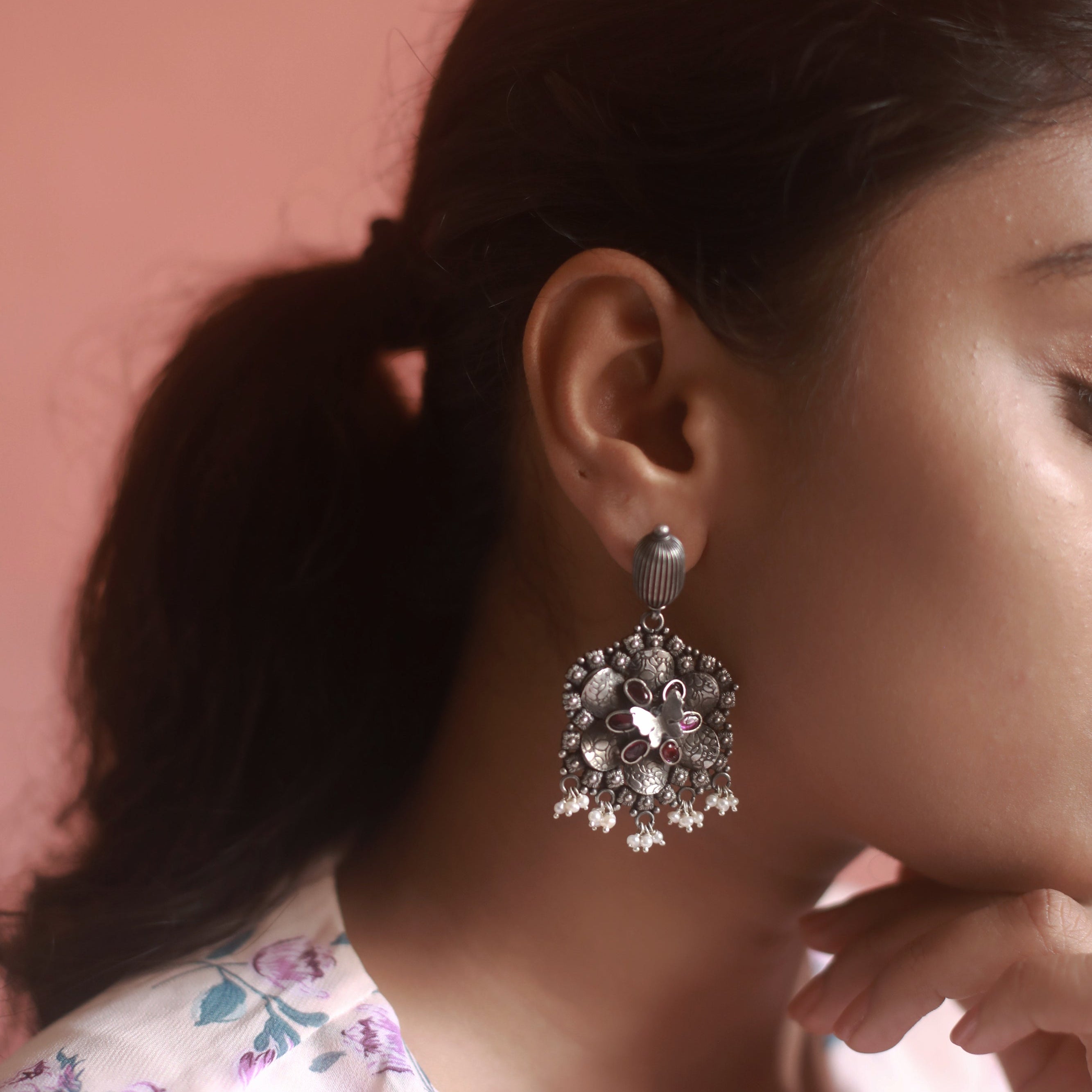 Pure 925 Silver Oxidized Hola Dola Jhumka - 076