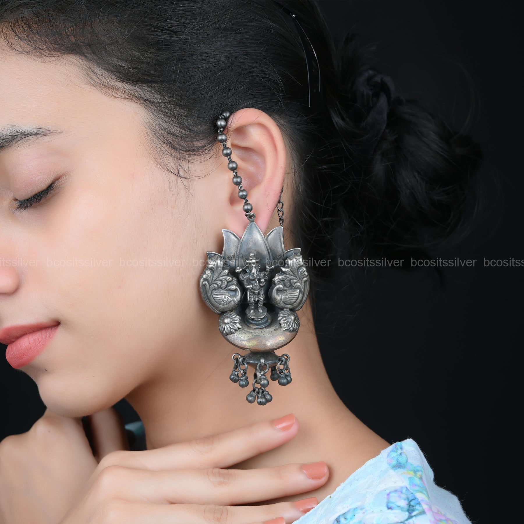 Pure 925 Silver Oxidized Lotus Flower Ganesh Earring - 1687