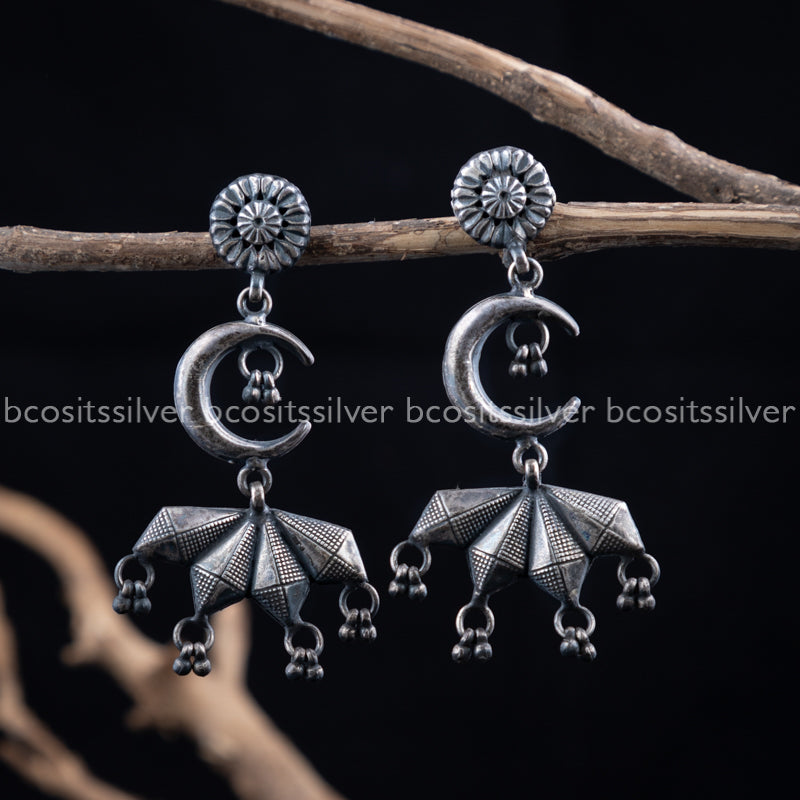 Pure 925 Silver Oxidized Moon Earring - 1197
