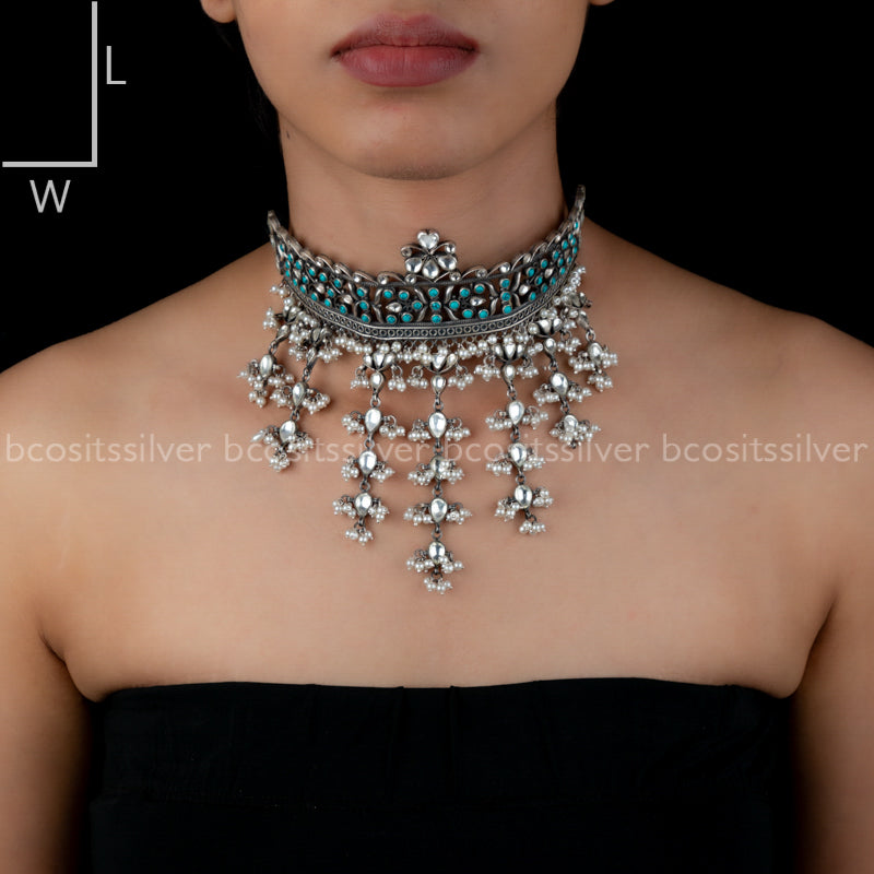 Pure 925 Silver Oxidized Turquoise Pearl Choker - 4571