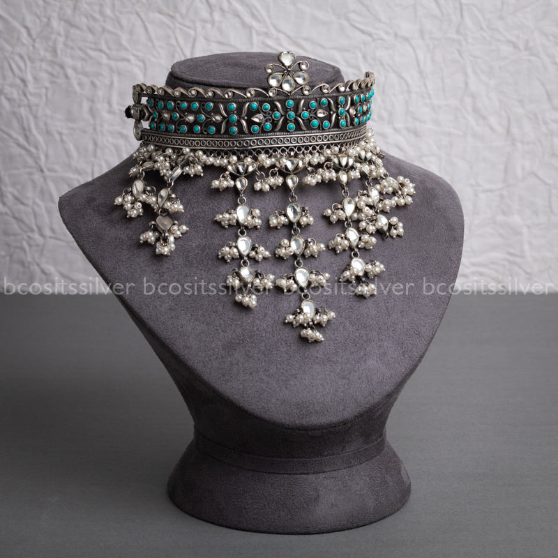 Pure 925 Silver Oxidized Turquoise Pearl Choker - 4571
