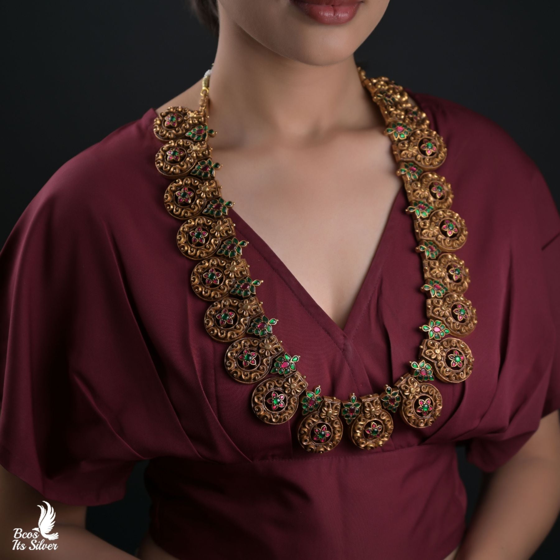 92.5 Silver Gold Plated Kundan Haram - 8420