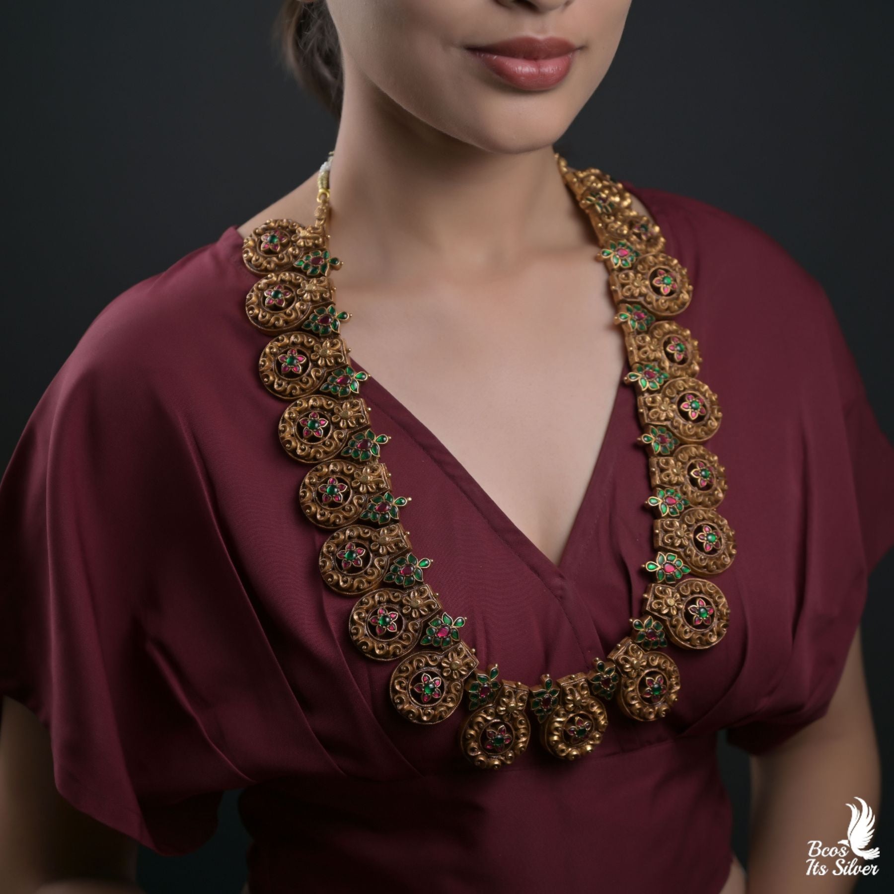 92.5 Silver Gold Plated Kundan Haram - 8420