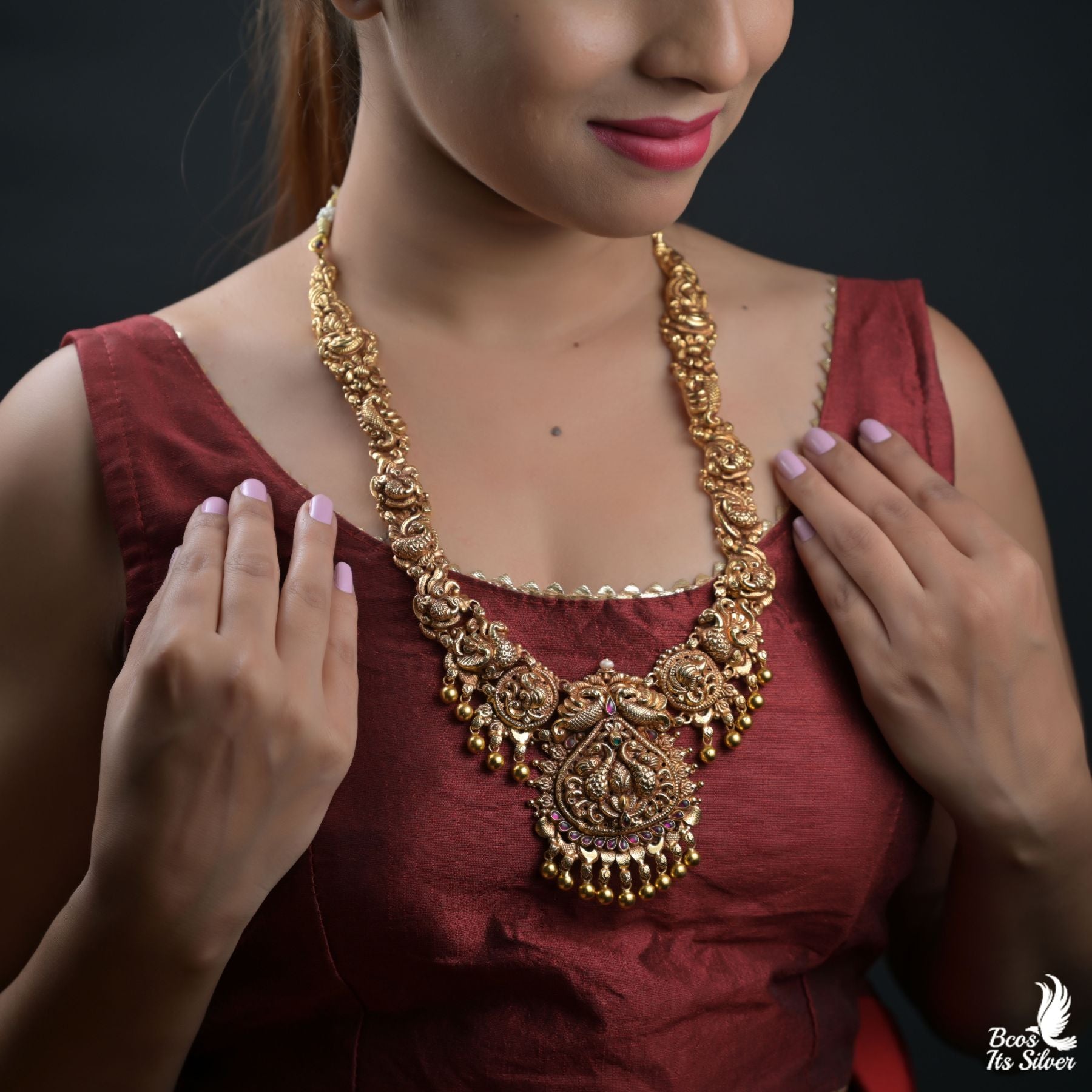 92.5 Silver Gold Plated Nakshi Haram - 8424