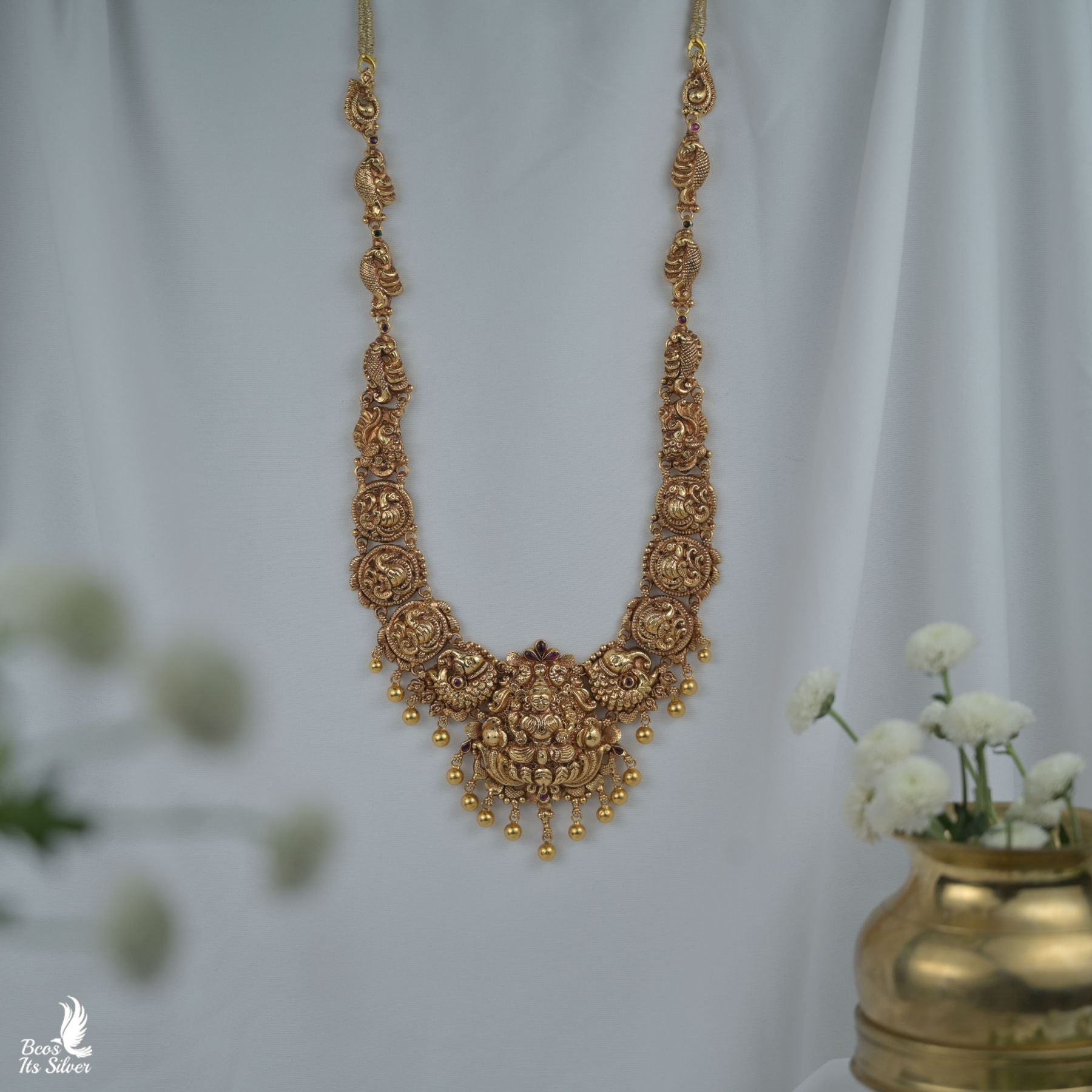 92.5 Silver Gold Plated Nakshi Haram - 8423