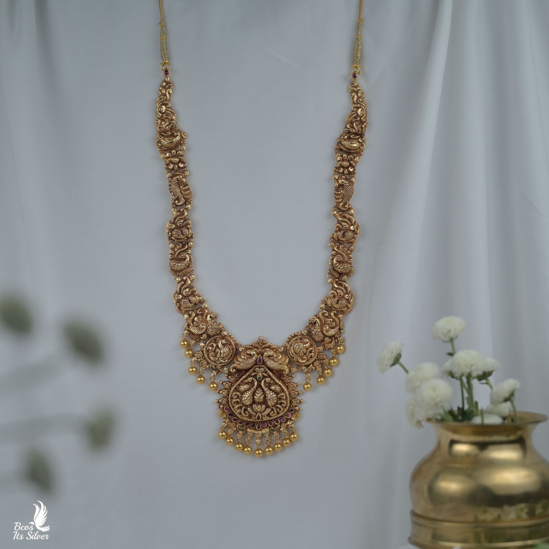 92.5 Silver Gold Plated Nakshi Haram - 8424
