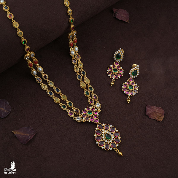 925 Gold Plated Navaratna Haram with Earring-0984