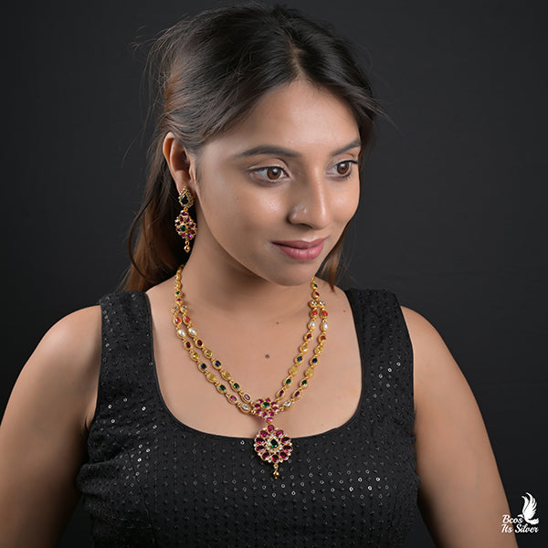 925 Gold Plated Navaratna Haram with Earring-0984