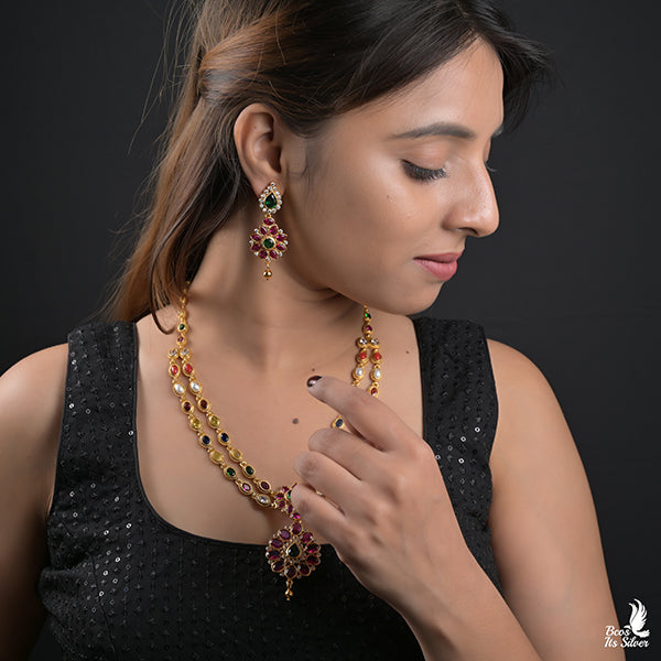 925 Gold Plated Navaratna Haram with Earring-0984