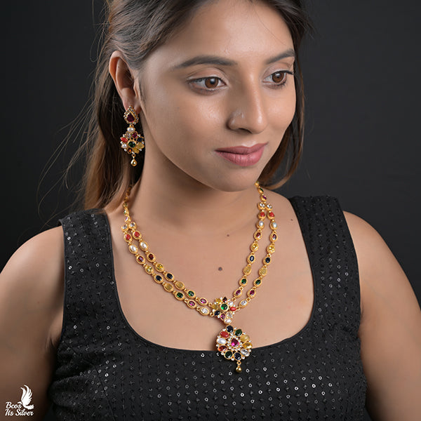 925 Gold Plated Navaratna Necklace with Earring-0983