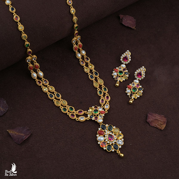 925 Gold Plated Navaratna Necklace with Earring-0983