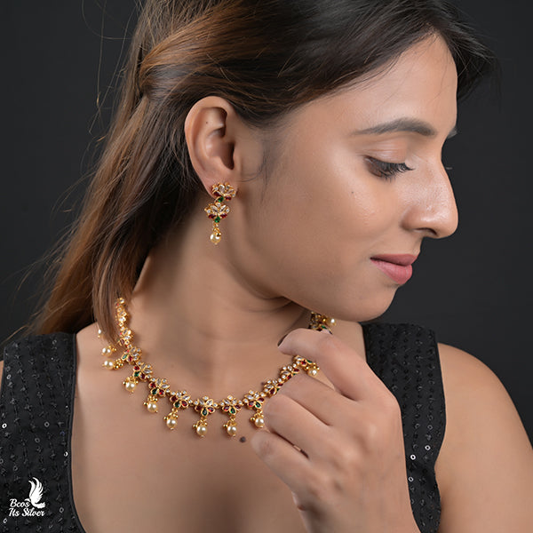925 Silver Flower Necklace with Earring-0990