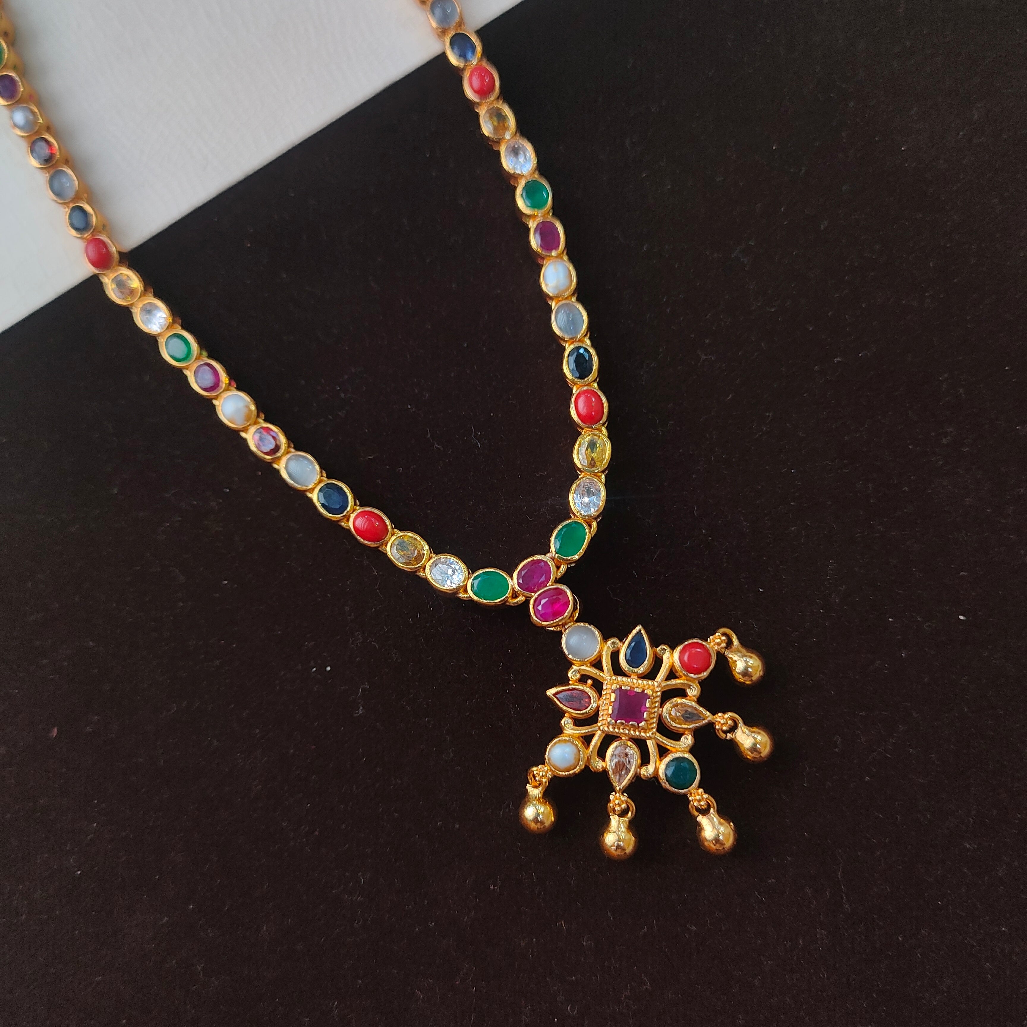 925 Silver Gold Plated  Dual Navaratna Necklace -0511