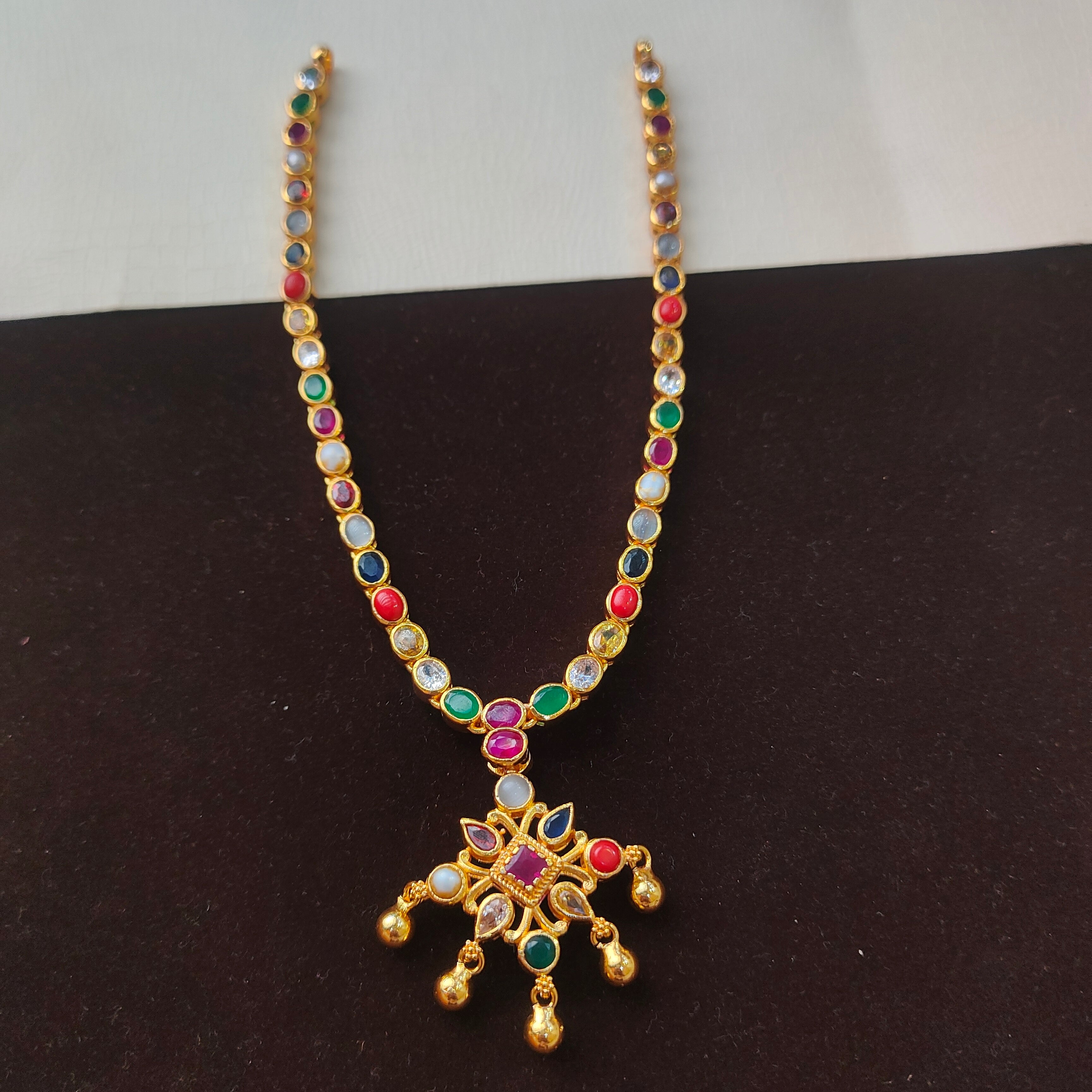 925 Silver Gold Plated  Dual Navaratna Necklace -0511