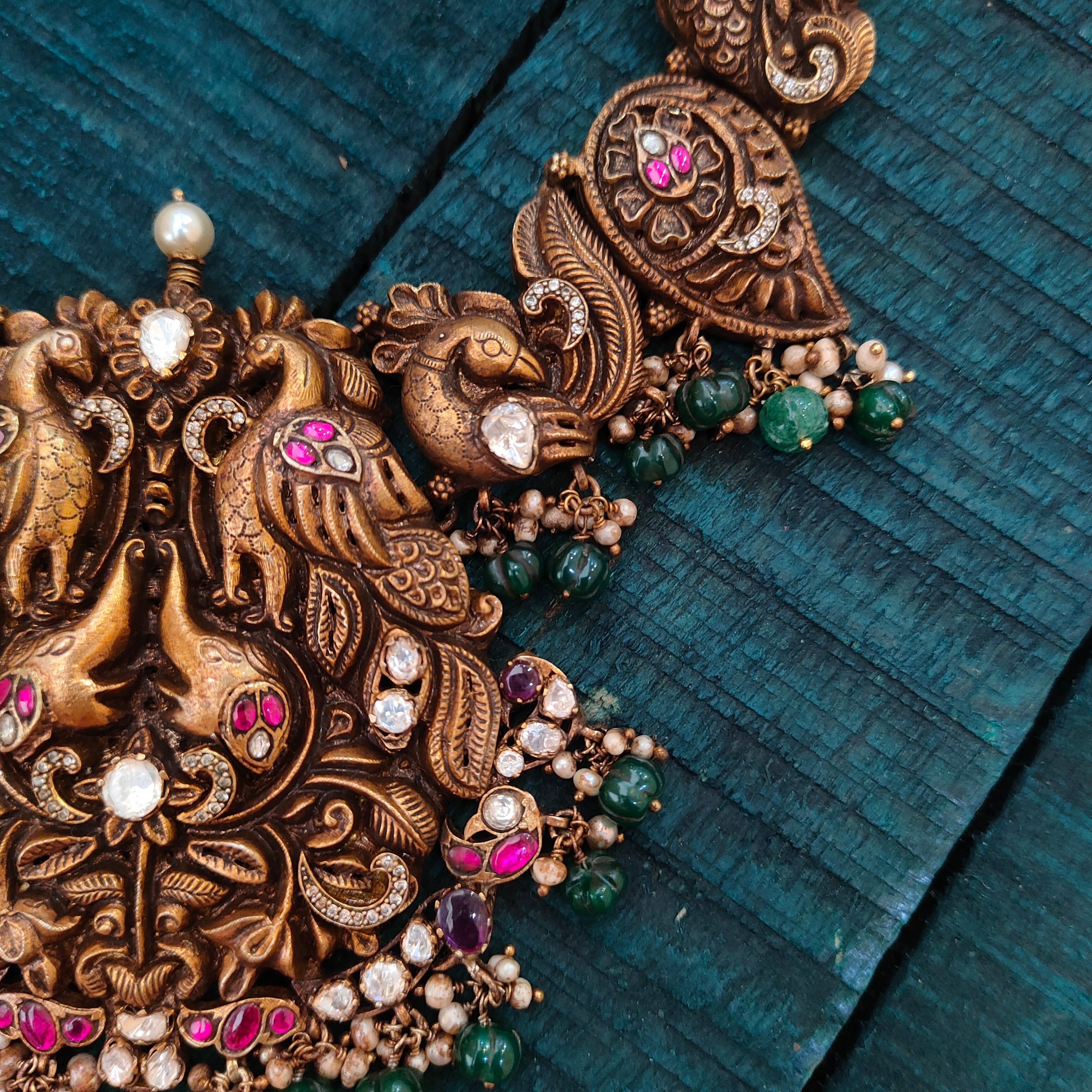 925 Silver Gold Plated Elephant with Peacock Haram -1433