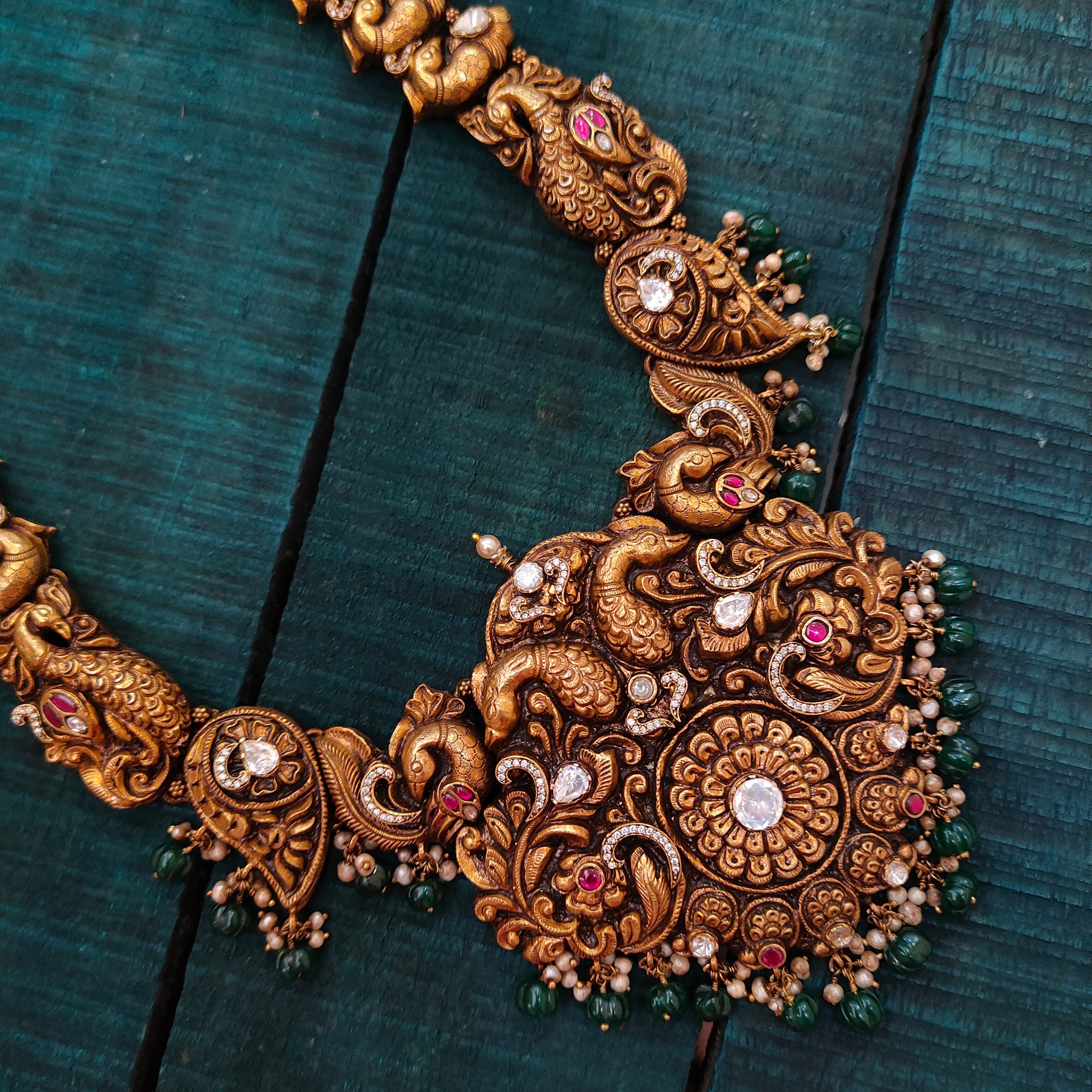925 Silver Gold Plated Flower with Peacock Haram -1432