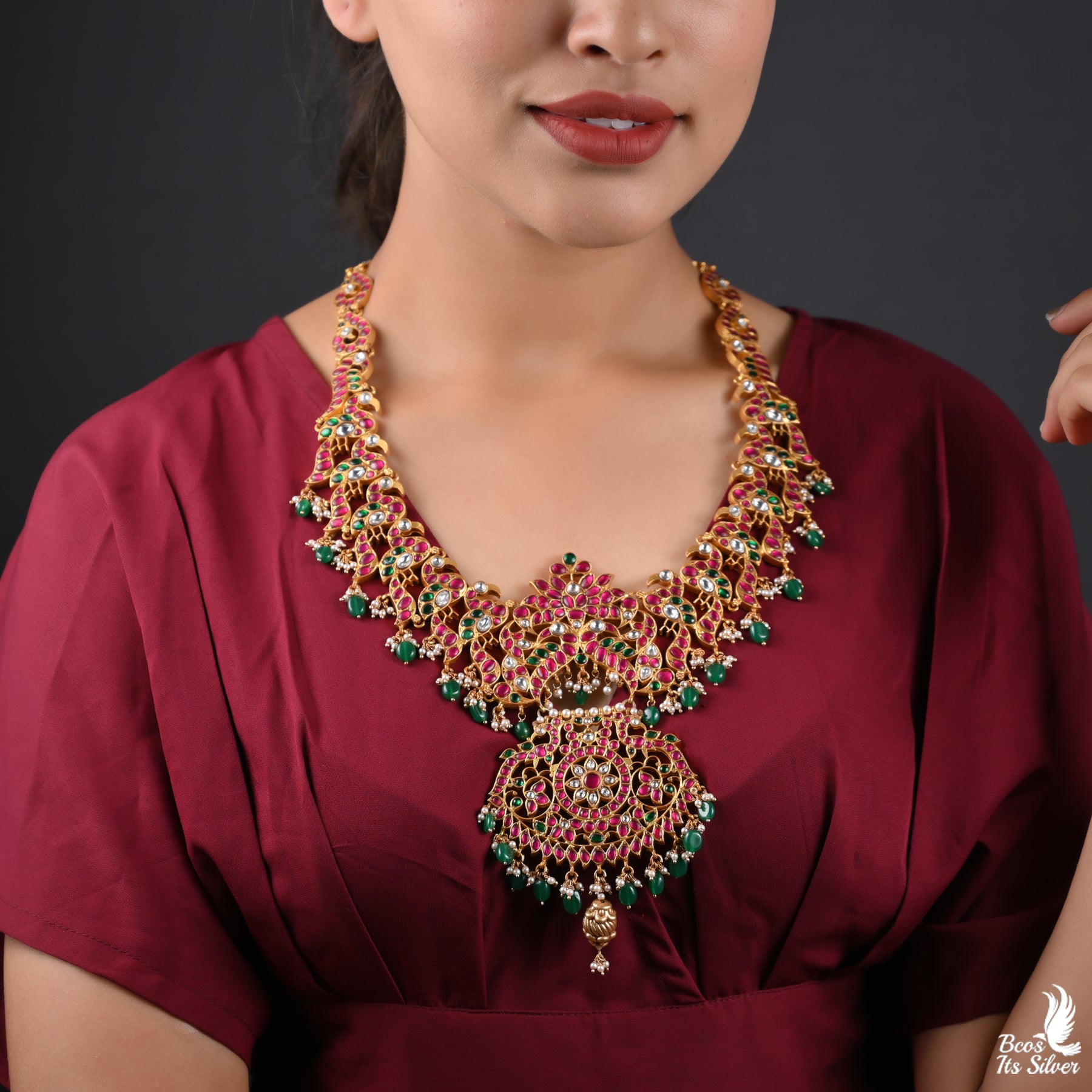 925 Silver Gold Plated Kundan Haram- 3735