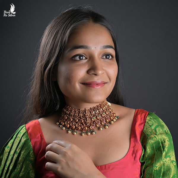 925 Silver Gold Plated Nakshi Choker-0409.