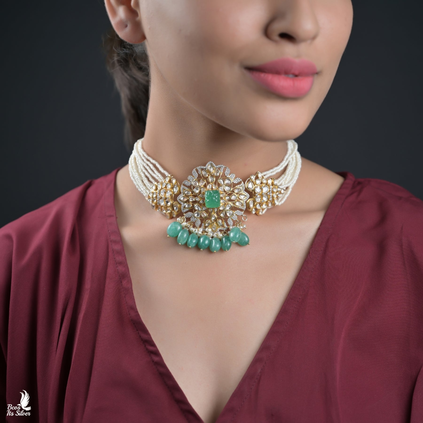 925 Silver Gold Plated Polki Choker - 1336