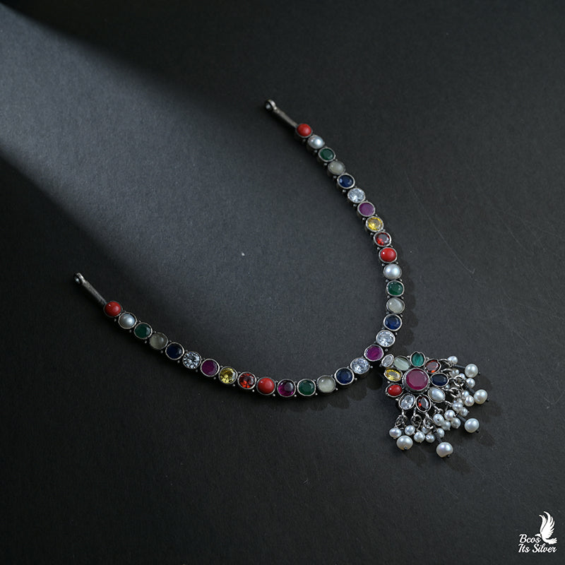 925 Silver Navaratna Necklace- 4408