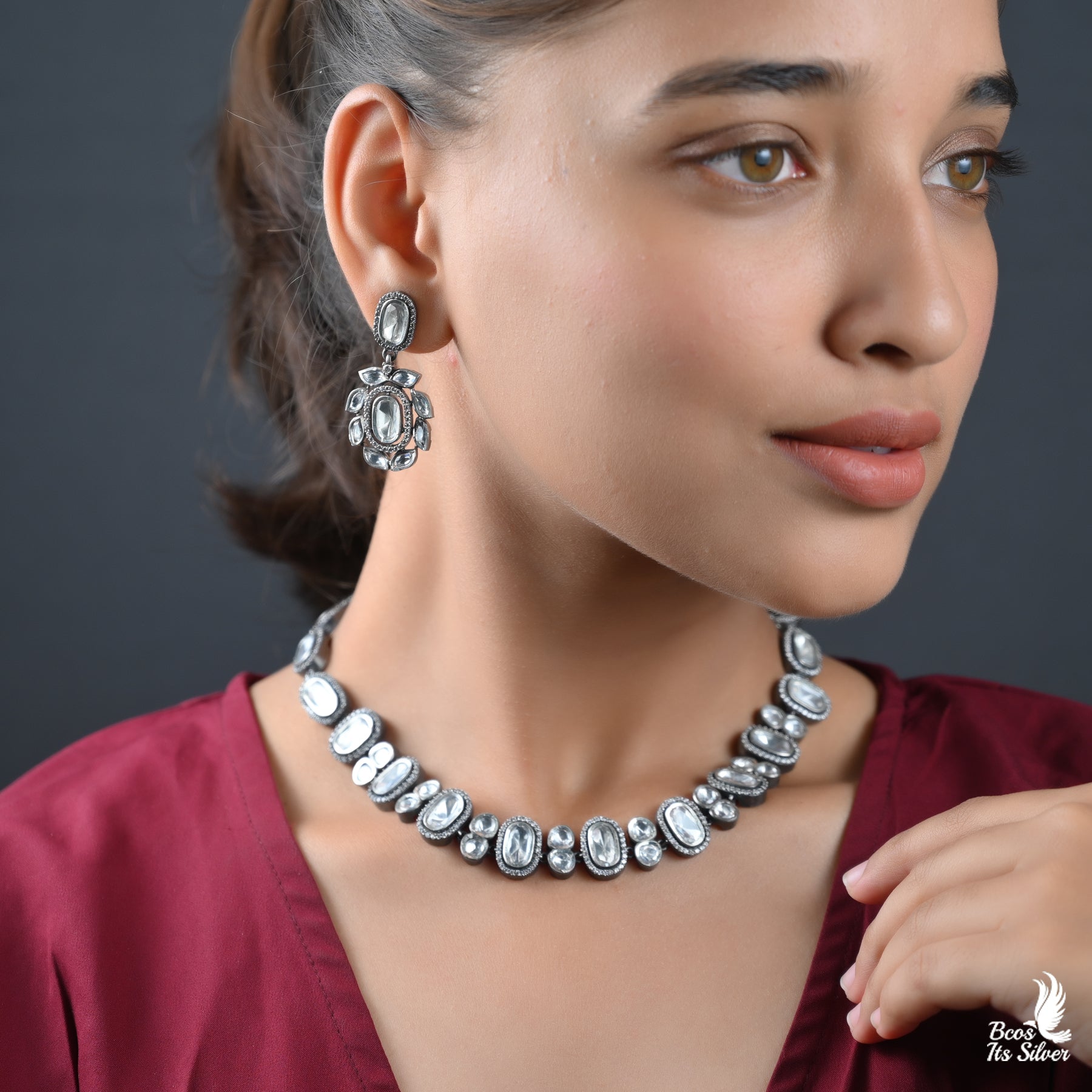 925  Silver Oxidized Polki Neckpiece - 3009