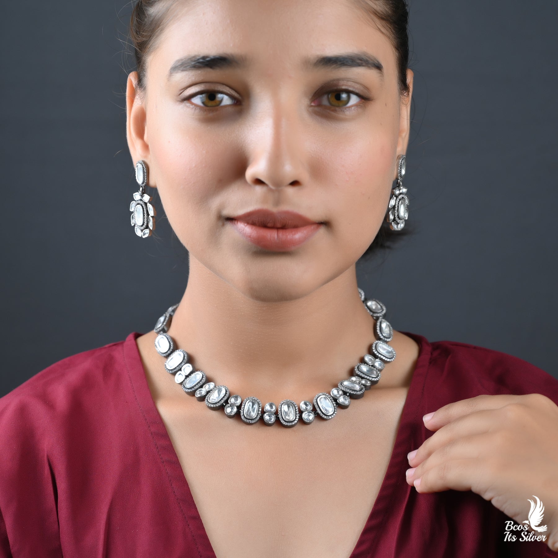 925  Silver Oxidized Polki Neckpiece - 3009