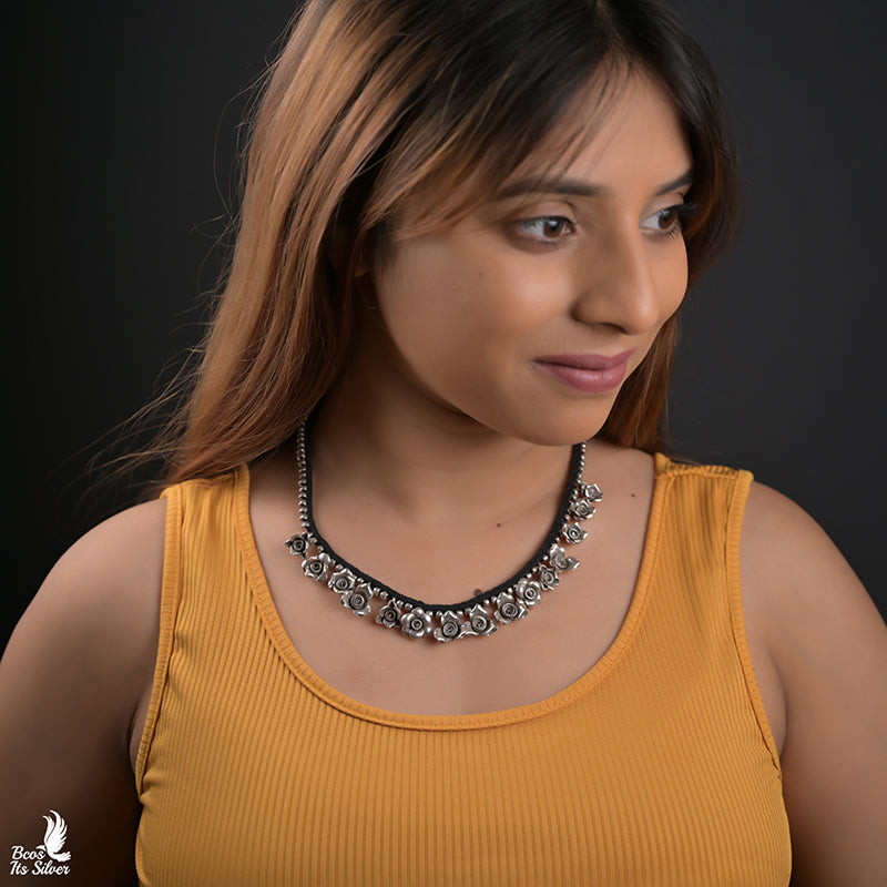 925 Silver Oxidized Rose Thread Neckpiece - 3385