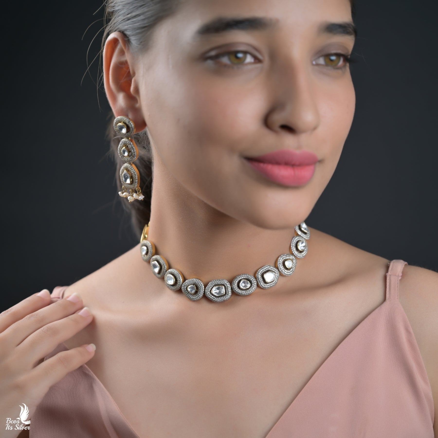 925 Silver Victorian Polki Choker With Earring- 6766