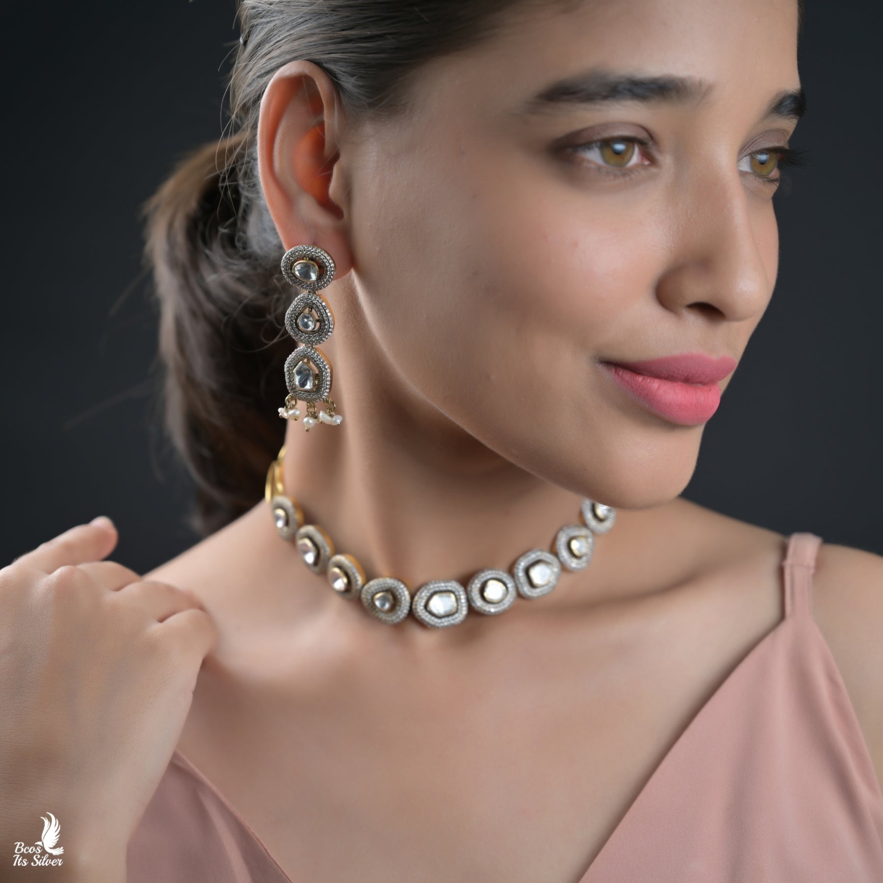 925 Silver Victorian Polki Choker With Earring- 6766