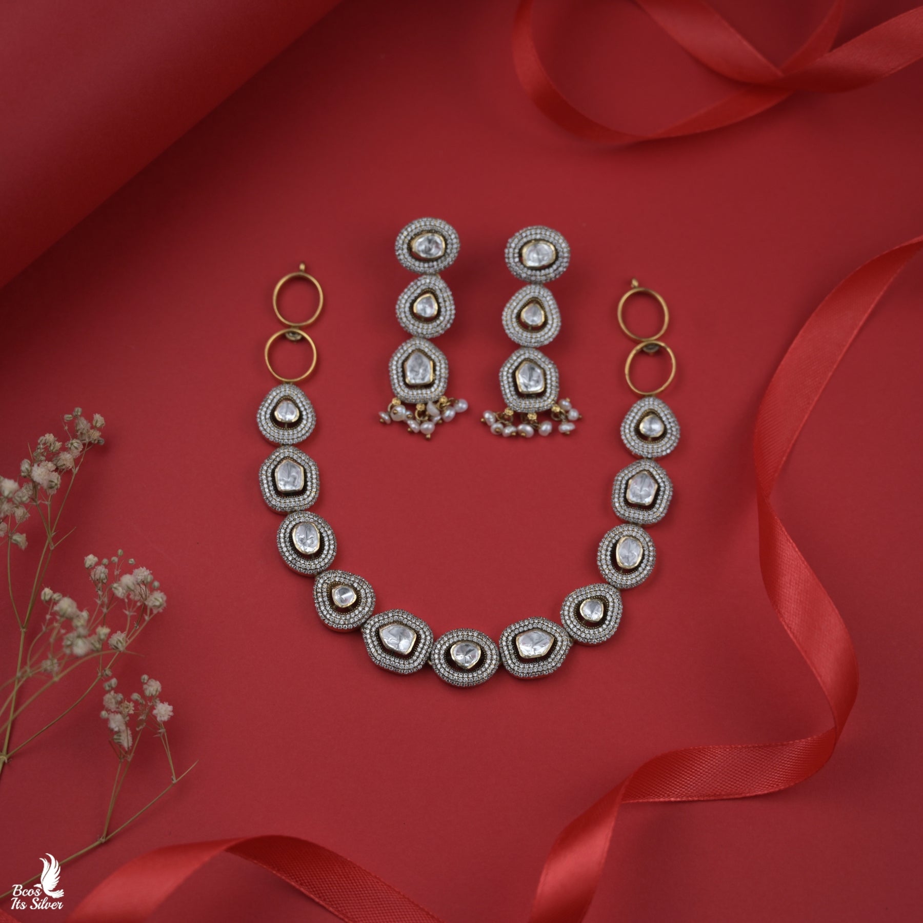 925 Silver Victorian Polki Choker With Earring- 6766