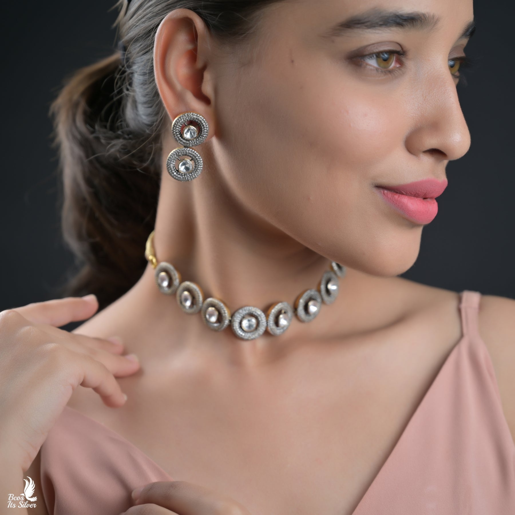 925 Silver Victorian Polki Choker With Earring - 6765
