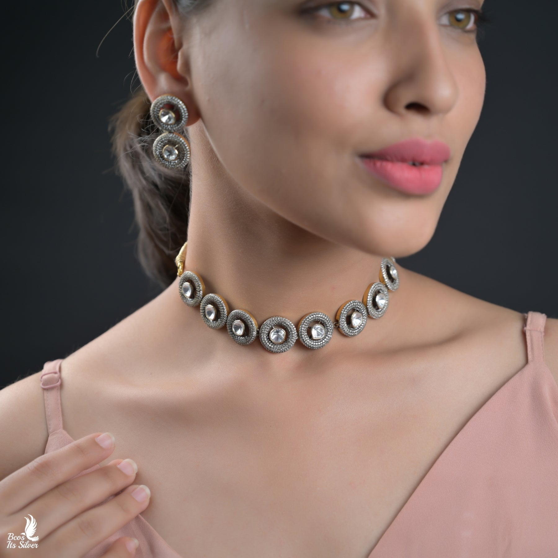 925 Silver Victorian Polki Choker With Earring - 6765