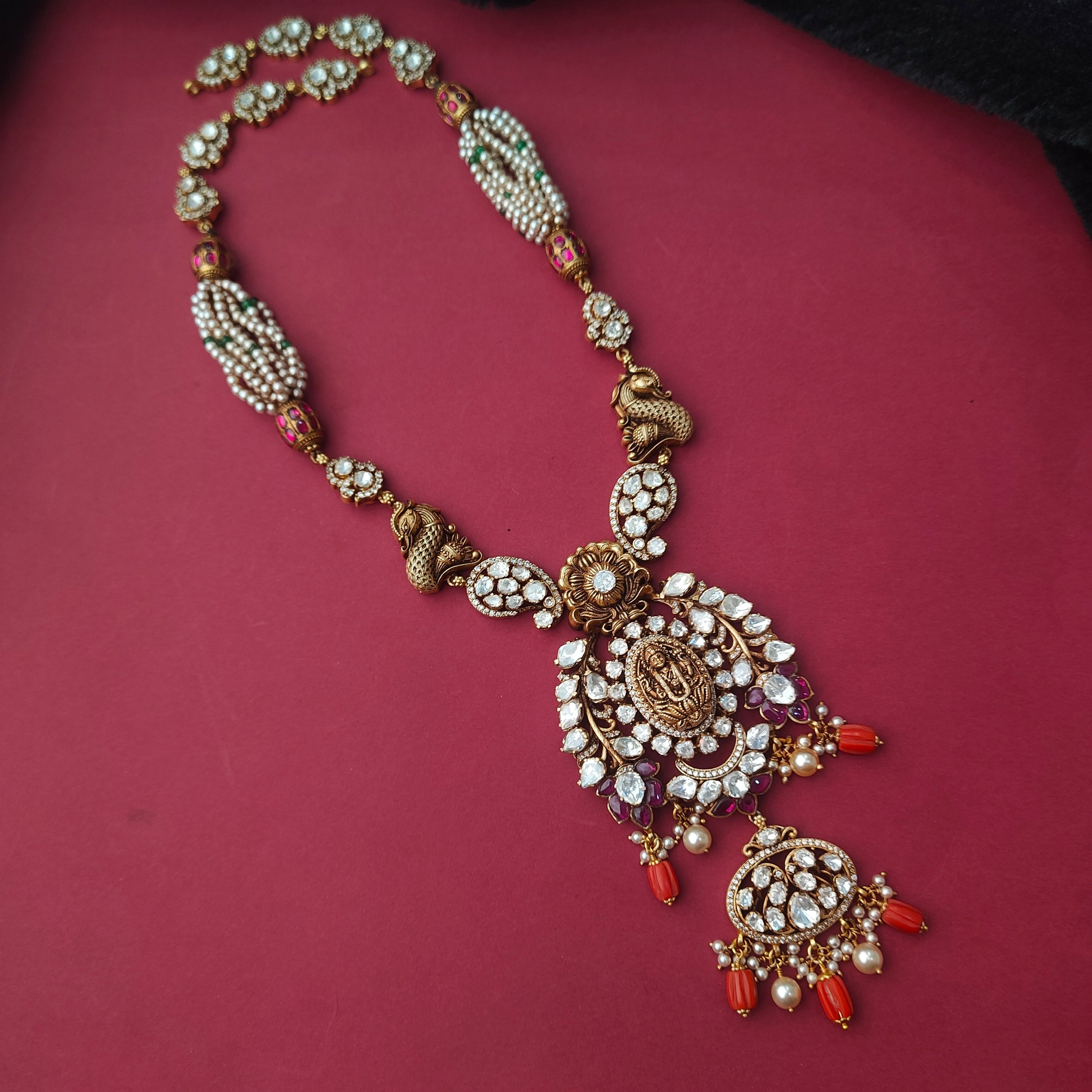 925 Silver Victorian Polki Nakshi Haram  - 5117