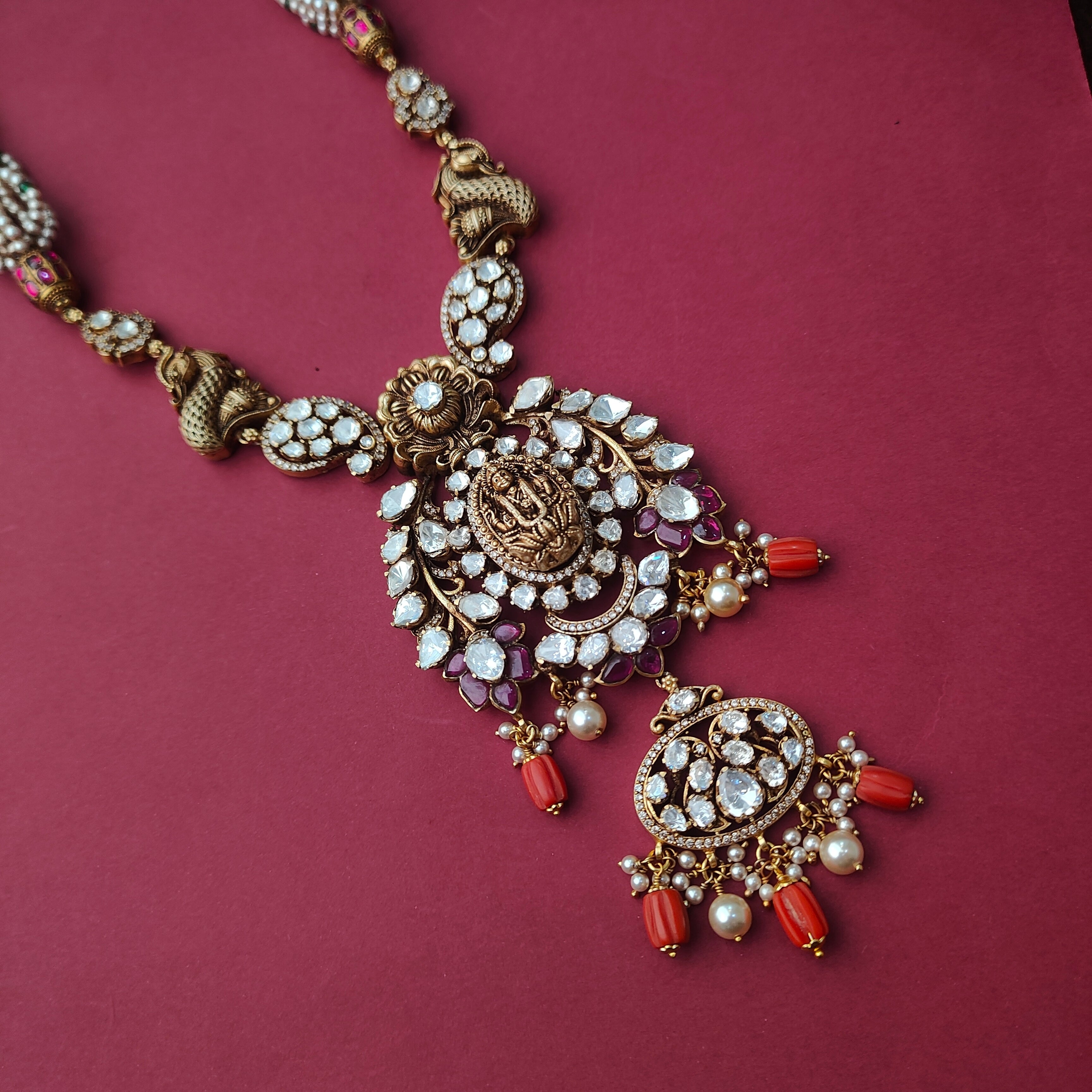 925 Silver Victorian Polki Nakshi Haram  - 5117