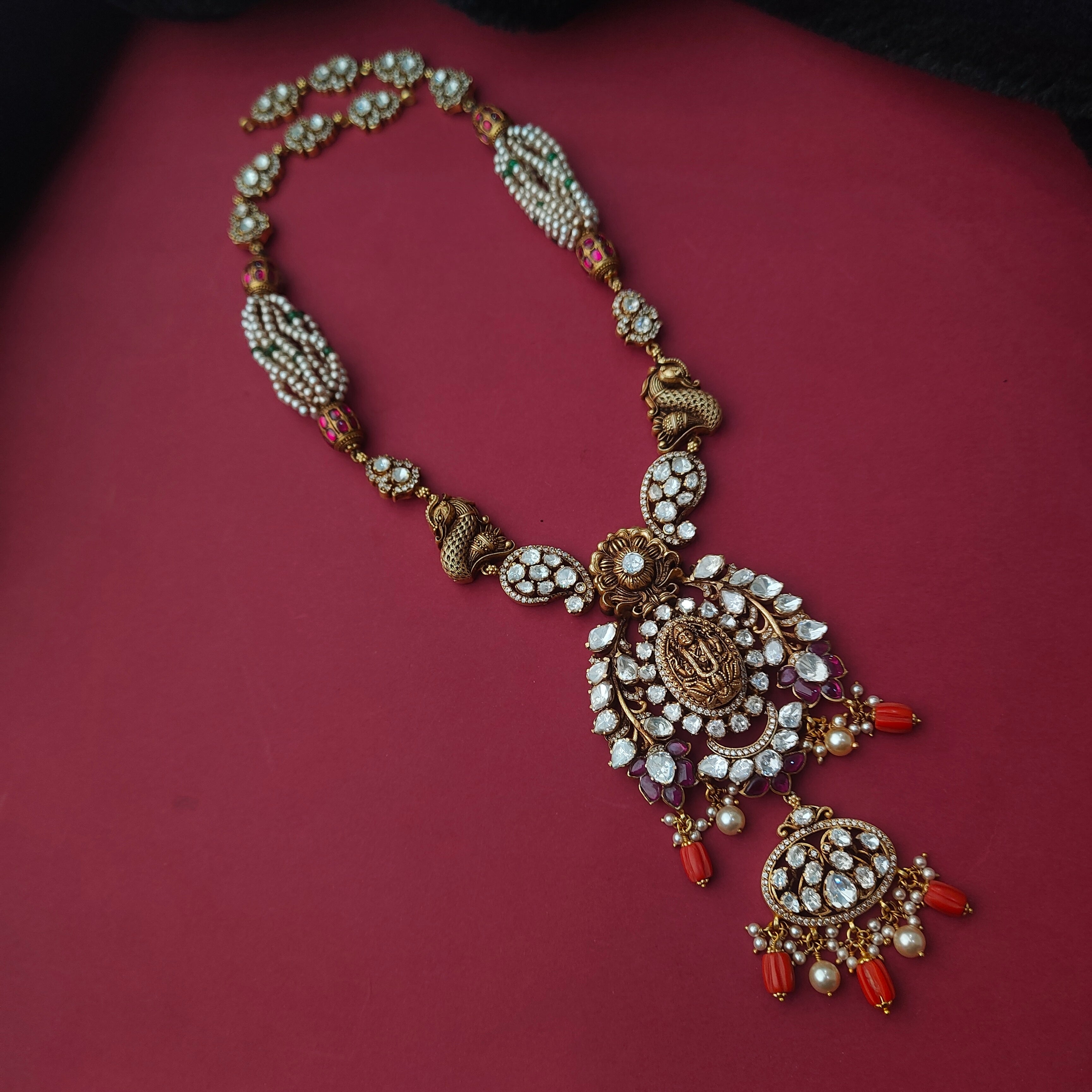 925 Silver Victorian Polki Nakshi Haram  - 5117