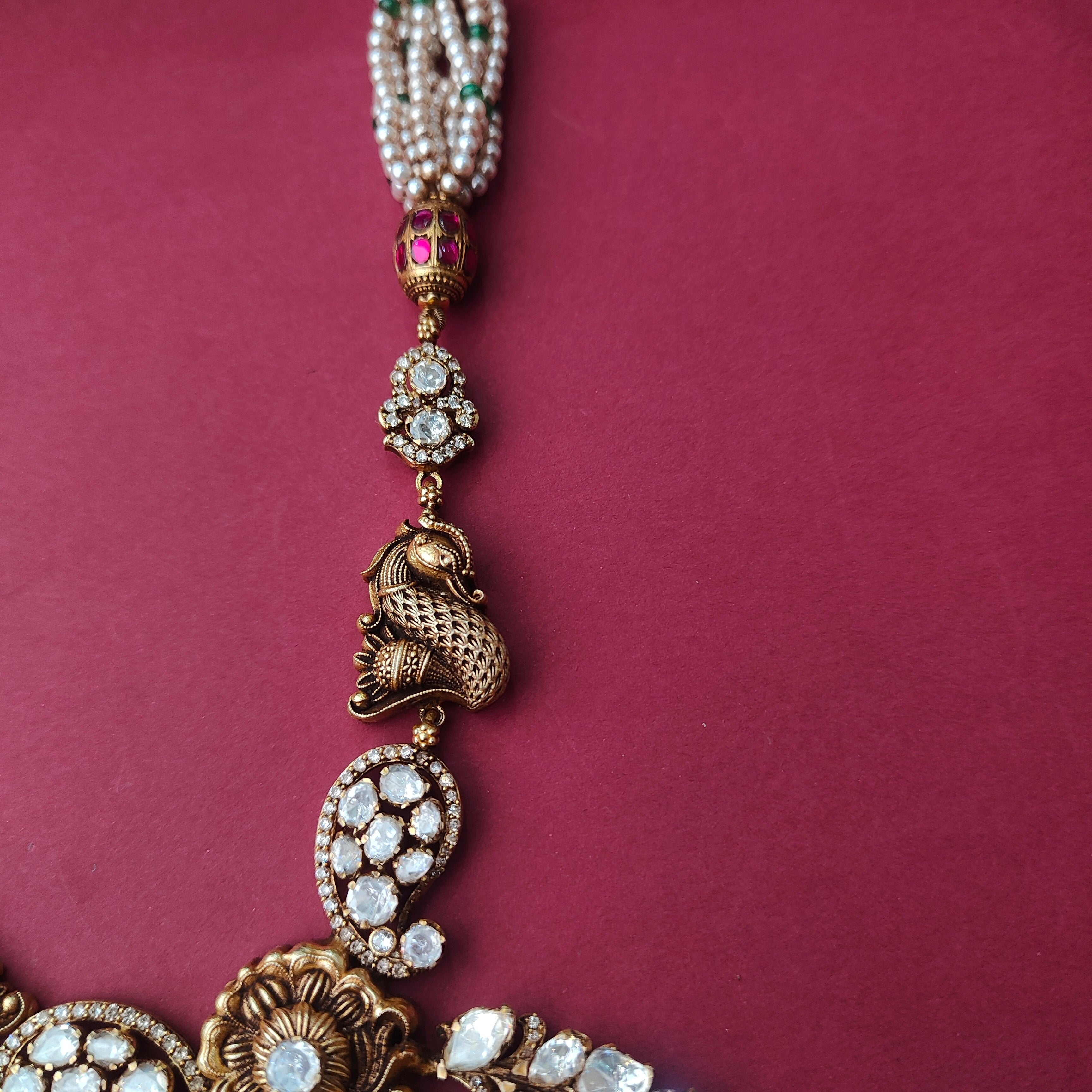 925 Silver Victorian Polki Nakshi Haram  - 5117