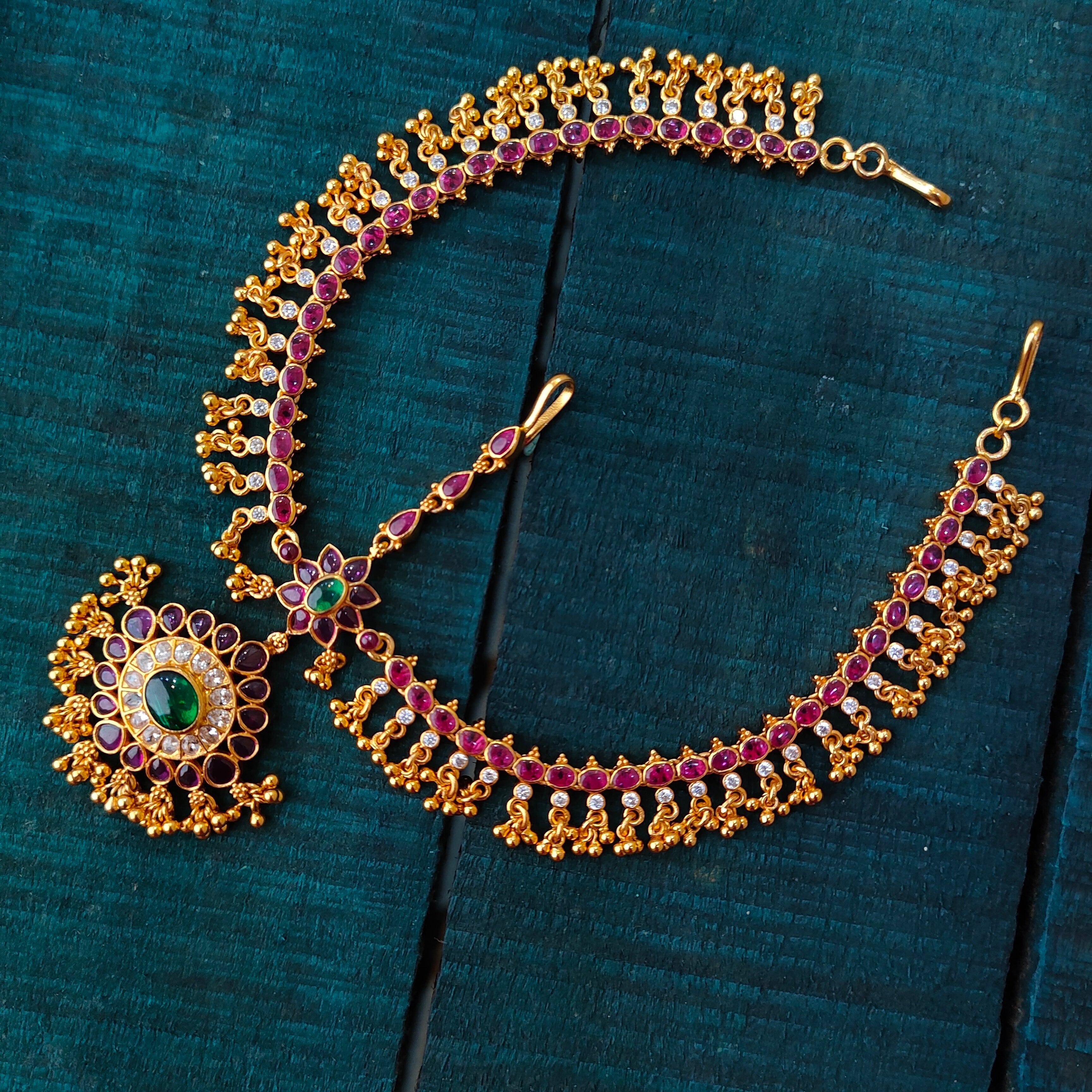 925 Silver Gold Plated Kundan Matha patti  -1409