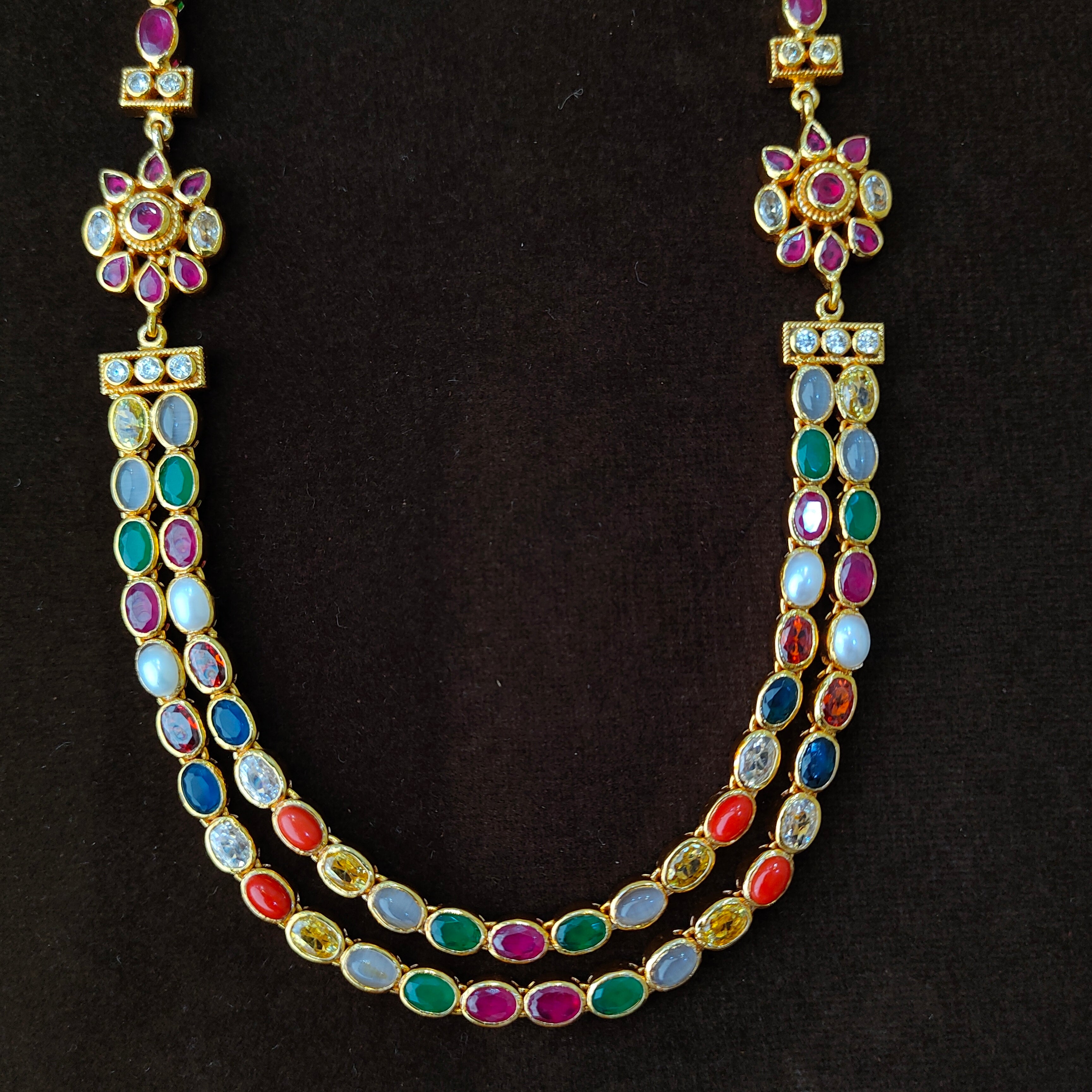 925 Silver Gold Plated Navaratna Necklace-5575